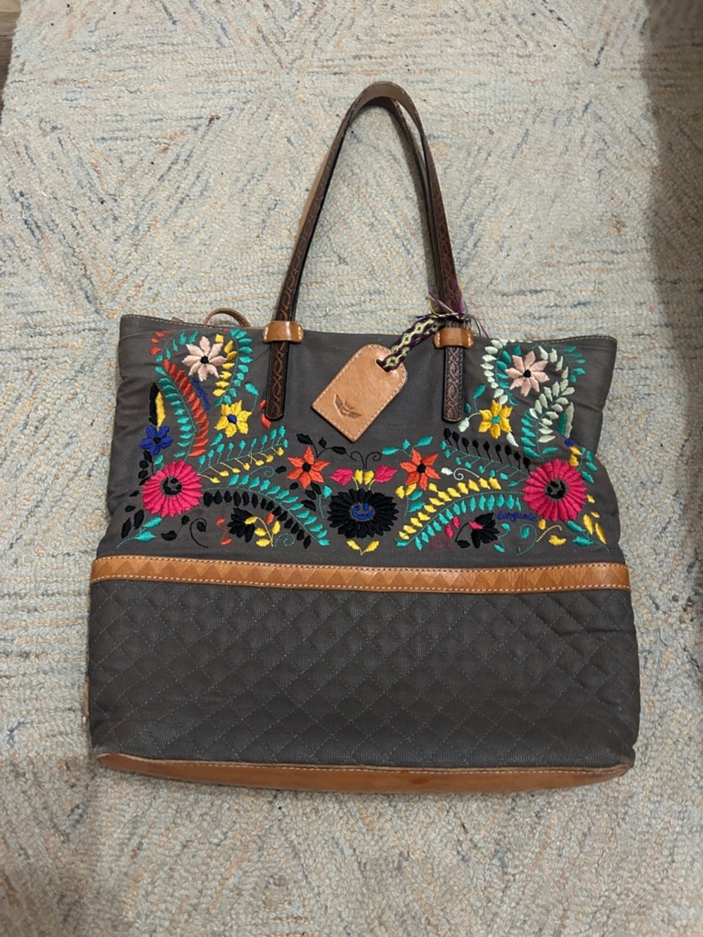 Consuela Gray Tote with Multicolor Floral Embroidery and Brown Trim